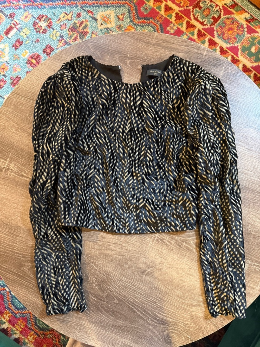 House of Harlow 1960 Black and Cream Patterned Long-Sleeve Blouse